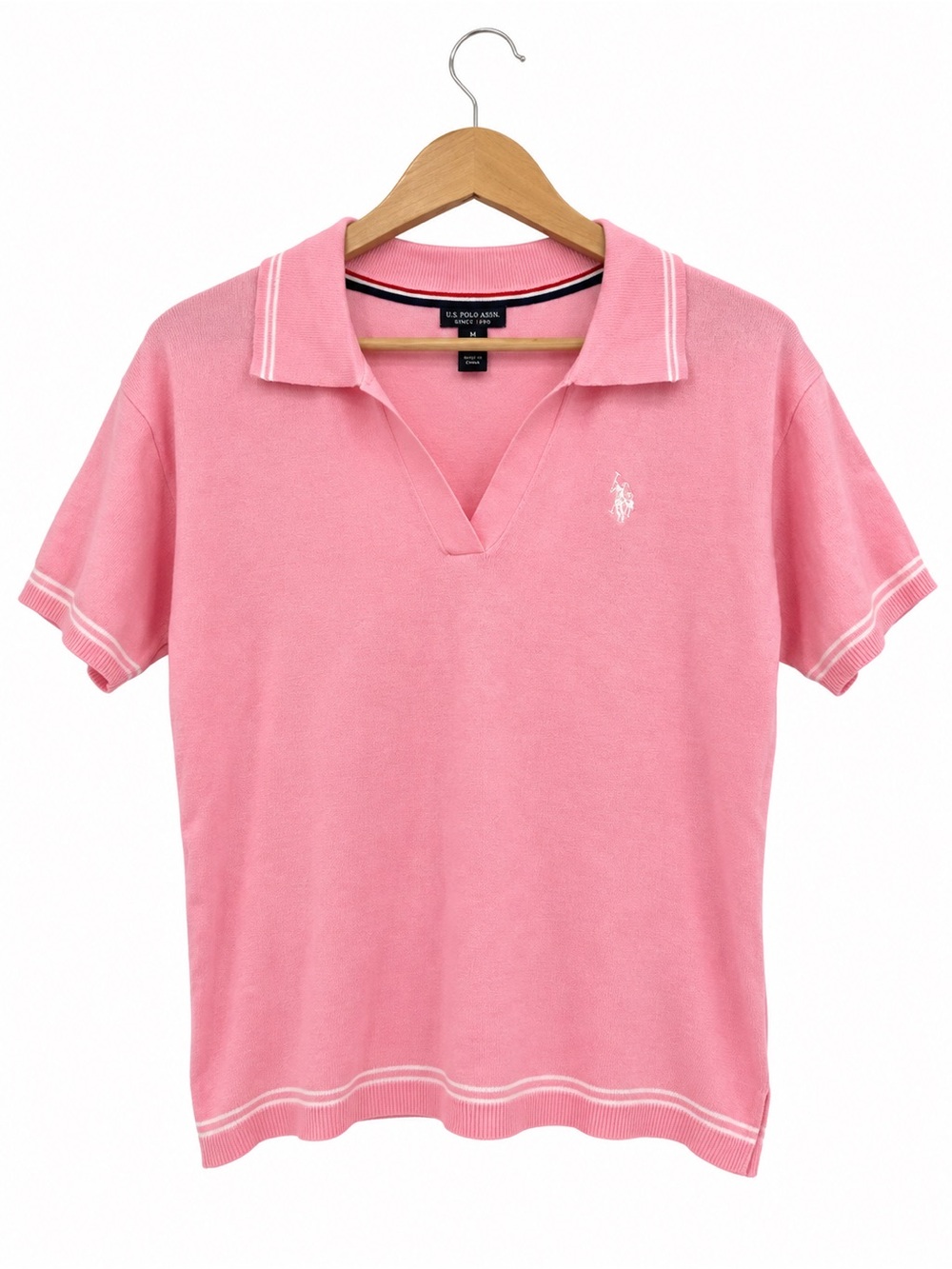 U.S. Polo Assn Pink Knit Polo Sweater Top Women’s M Preppy V Neck Short Sleeve